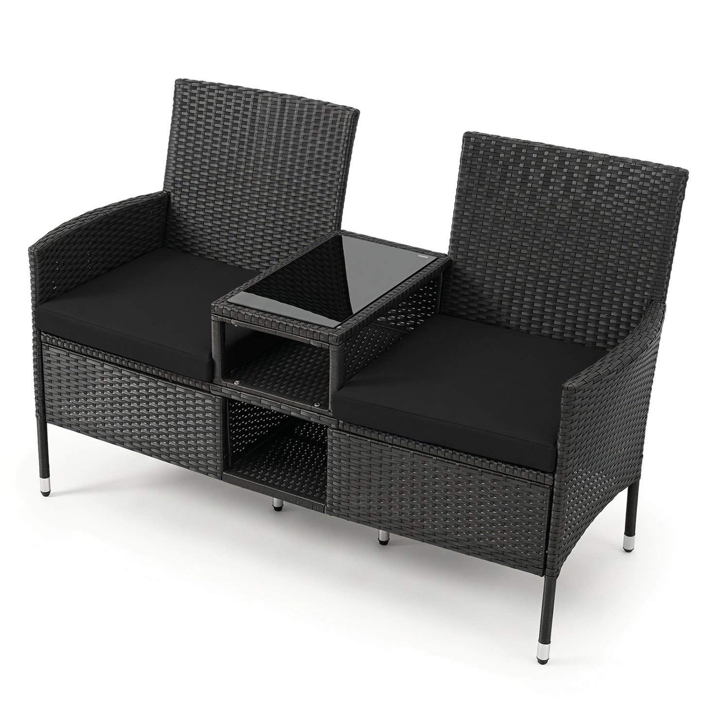 Outdoor Wicker Patio Loveseat, Built-In Glass Side Table, Black