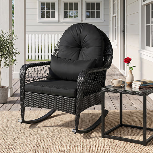 Outdoor Wicker Rocking Chair, Anti-Tip, Thick Cushion, Black Patio Rocking Chairs & Gliders Black at Gallery Canada