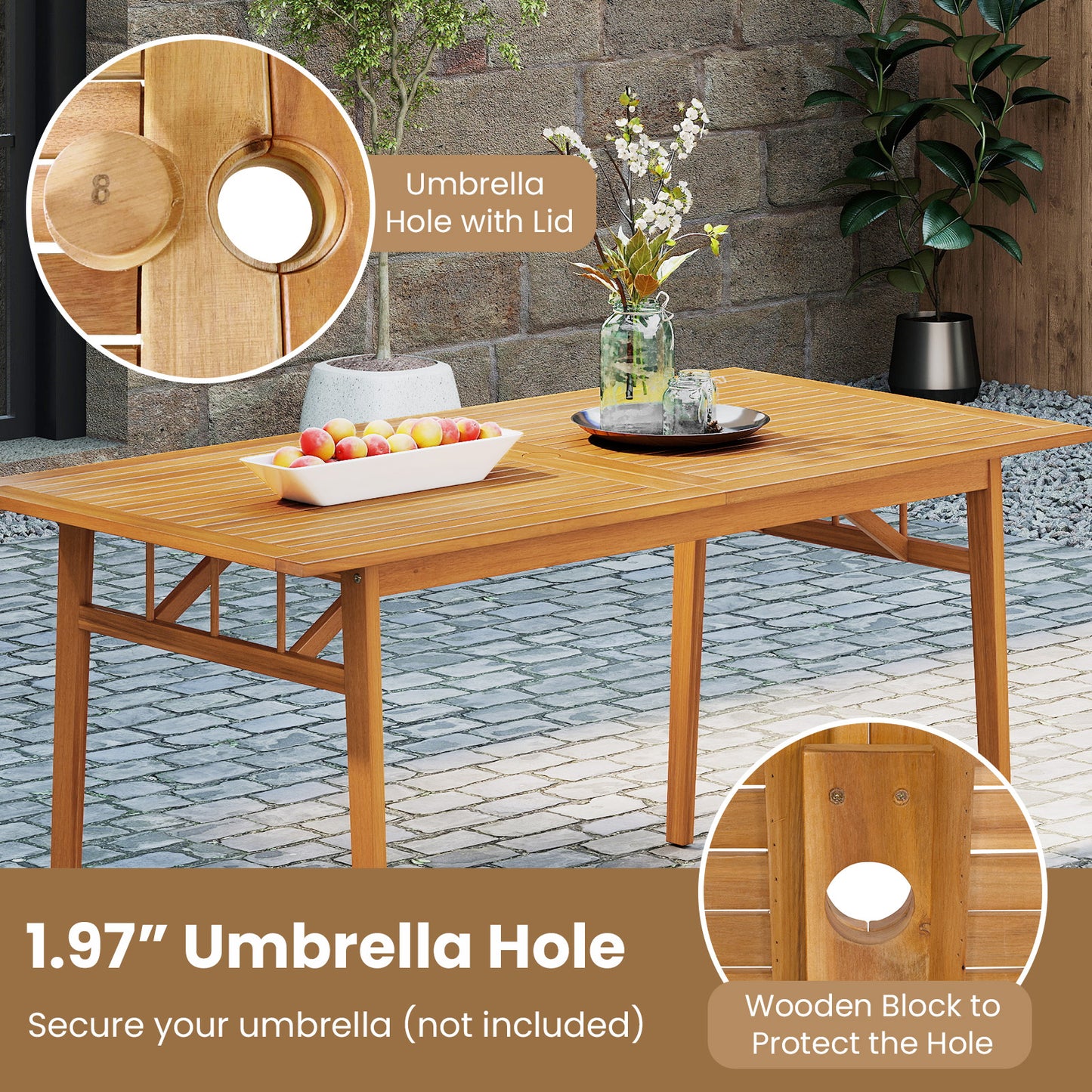 Outdoor Wooden Dining Table, Natural, With Umbrella Hole Patio Dining Tables at Gallery Canada