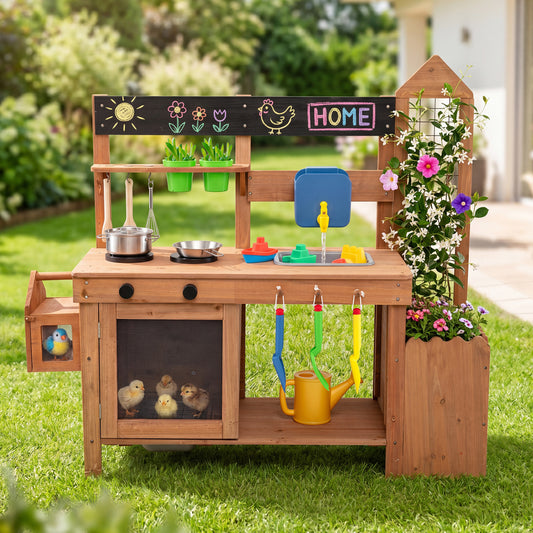 Wooden Mud Kitchen with Planter Box and Sink, Natural Play Kitchen Sets Natural at Gallery Canada