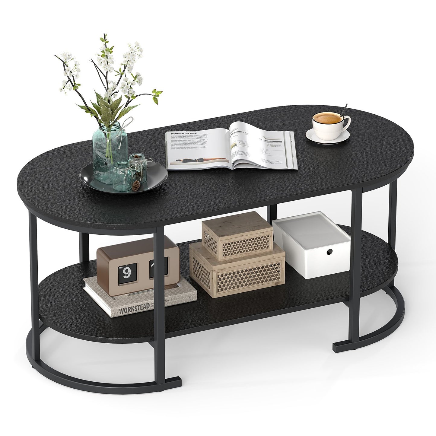 Oval Coffee Table 2-Tier Wooden Accent Table with Spacious Tabletop and Open Storage Shelf, Black Coffee Tables at Gallery Canada
