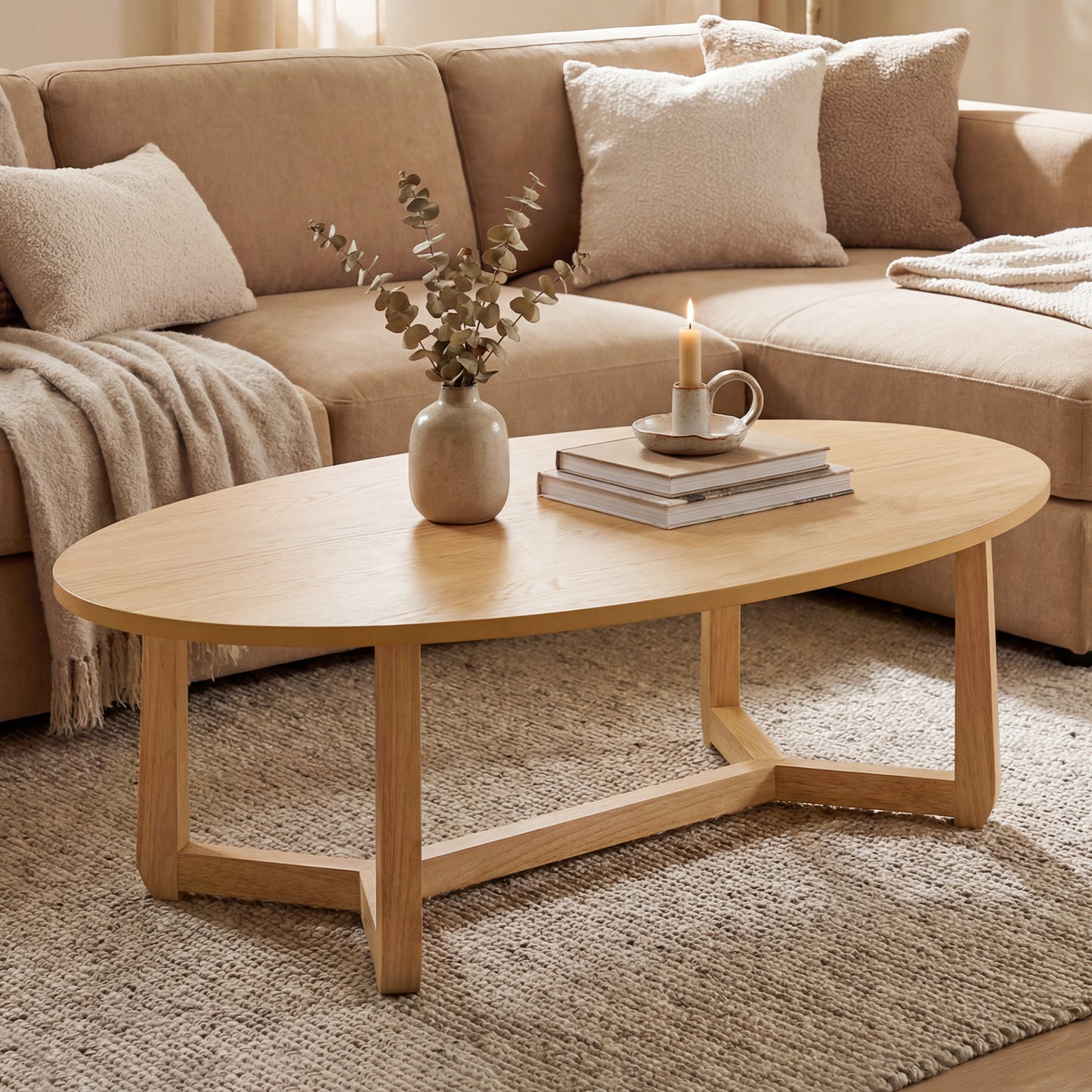 Oval Coffee Table 46 Inches, Natural Wooden Accent Table Coffee Tables at Gallery Canada