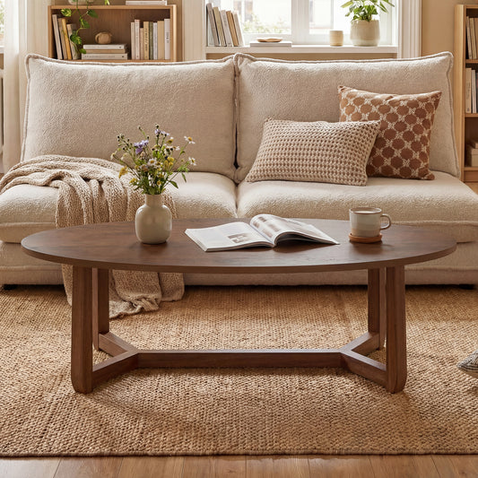 Wooden Oval Coffee Table, 46 Inches, Thickened Top, Walnut Coffee Tables Walnut at Gallery Canada