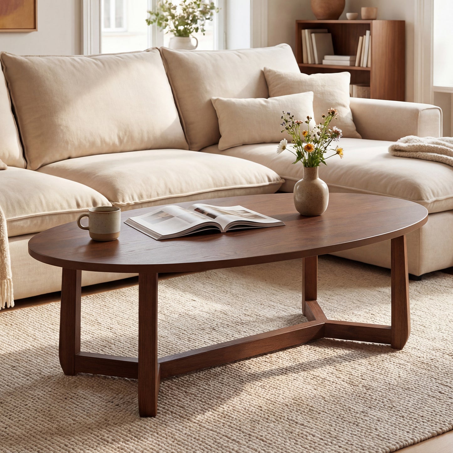 Wooden Oval Coffee Table, 46 Inches, Thickened Top, Walnut Coffee Tables at Gallery Canada