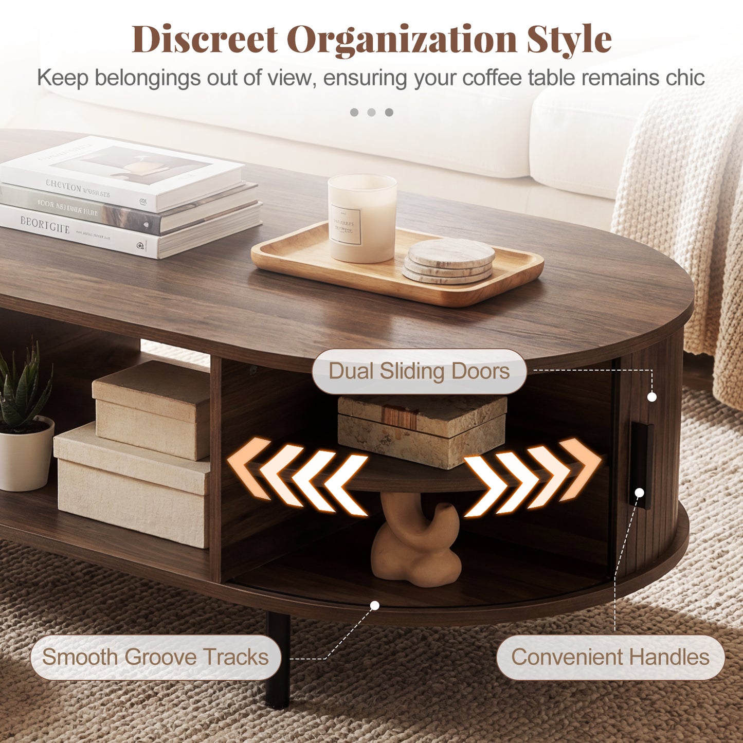 Oval Coffee Table, 47.5inch, Wooden Center Table With Storage, Walnut Coffee Tables at Gallery Canada
