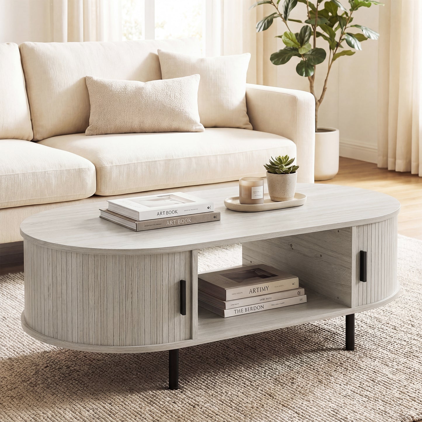 Oval Coffee Table, 47.5inch, Wooden Center Table With Storage, Oak Coffee Tables at Gallery Canada