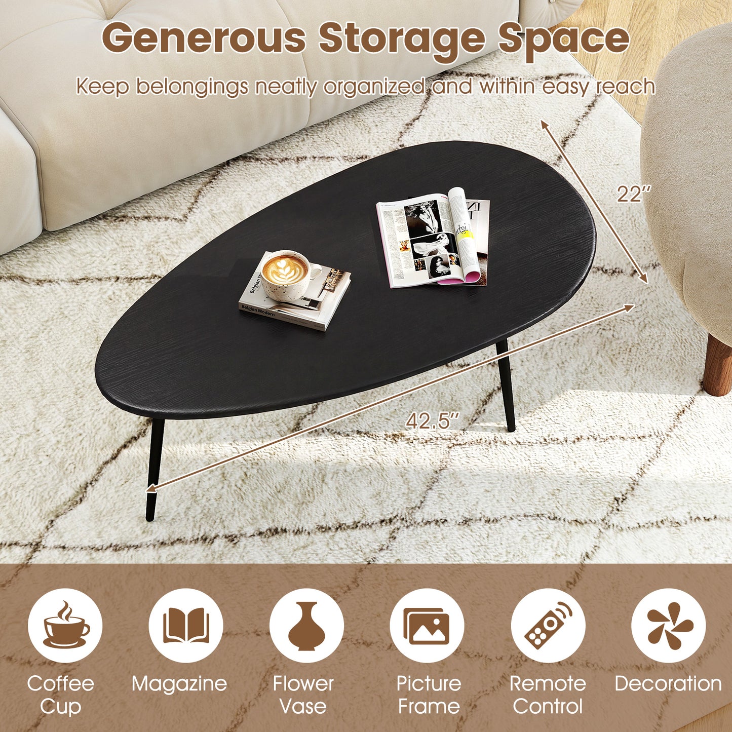 Oval Coffee Table, Mid Century Center Table, Sturdy Metal Construction, Black Coffee Tables at Gallery Canada