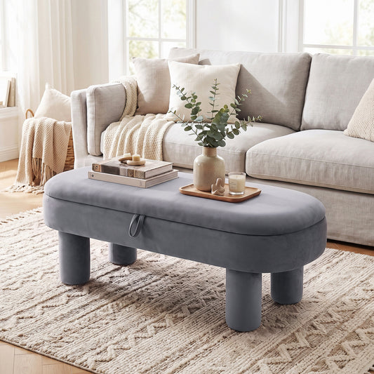 Oval Storage Ottoman Bench, Upholstered Seat, Gray Ottomans Gray at Gallery Canada