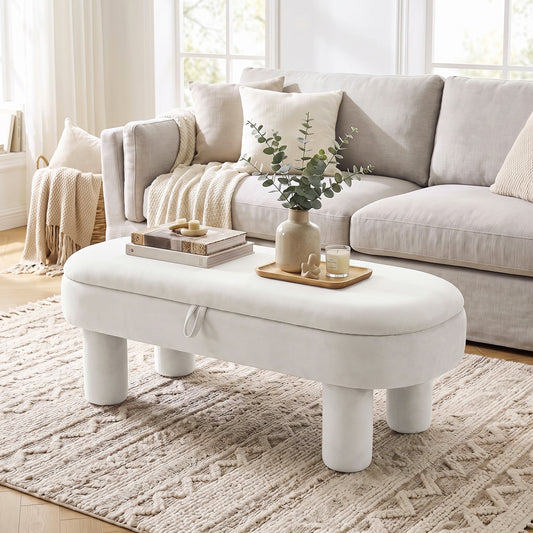 Oval Storage Ottoman Bench, Upholstered Seat, White Ottomans White at Gallery Canada