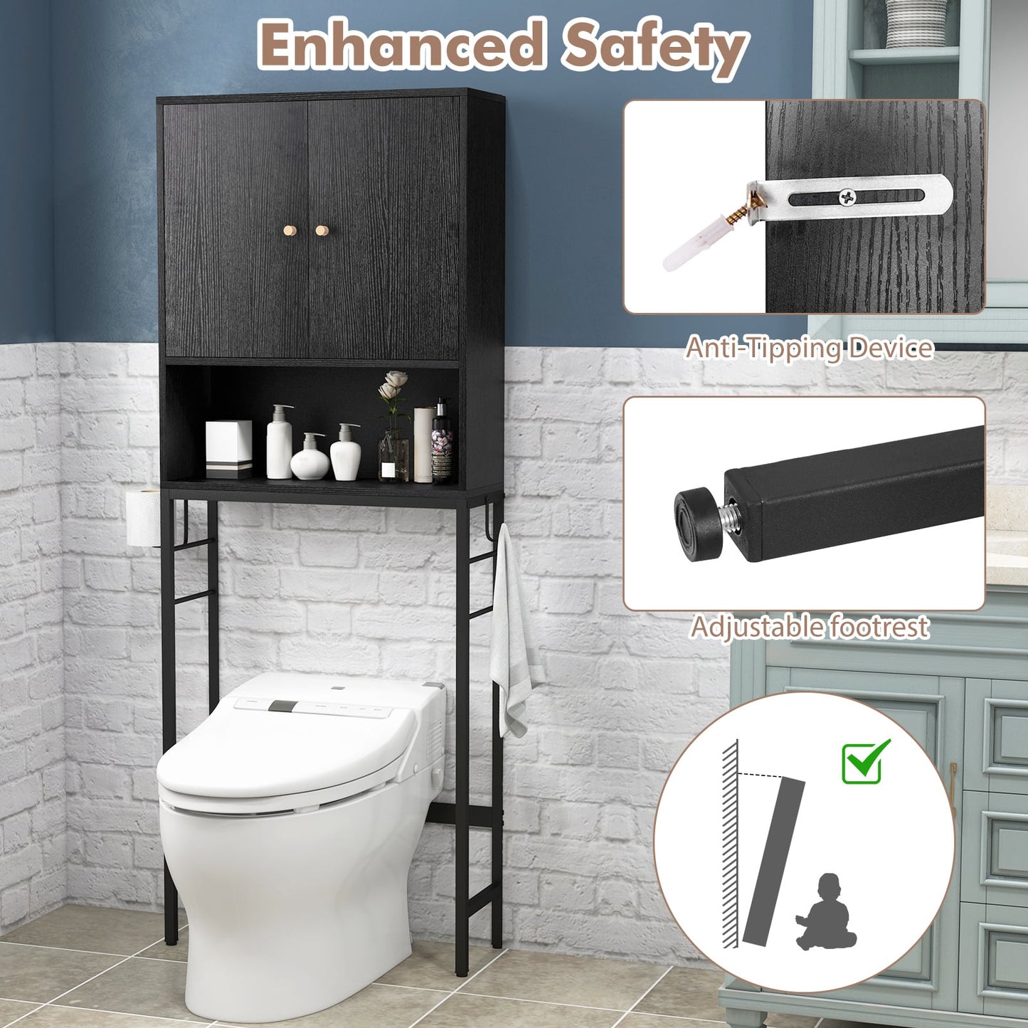 Armoire de rangement au-dessus des toilettes, 2 portes, étagère réglable, noir
