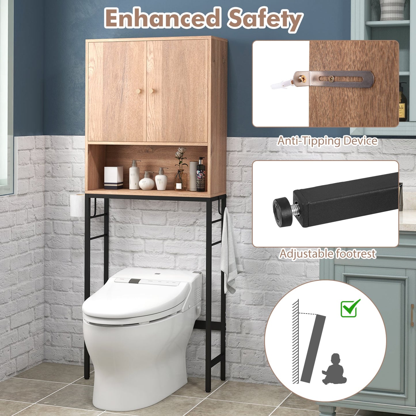 Armoire de rangement au-dessus des toilettes, 2 portes, étagère réglable, naturel
