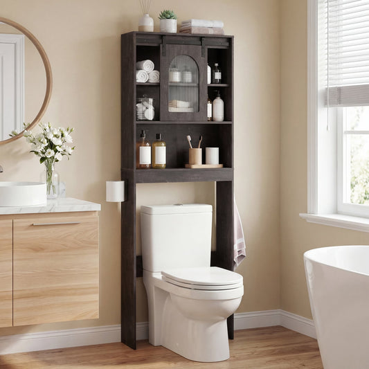 Over Toilet Storage Cabinet With Sliding Barn Door, Open Shelves, Oak Bathroom Etagere Oak at Gallery Canada