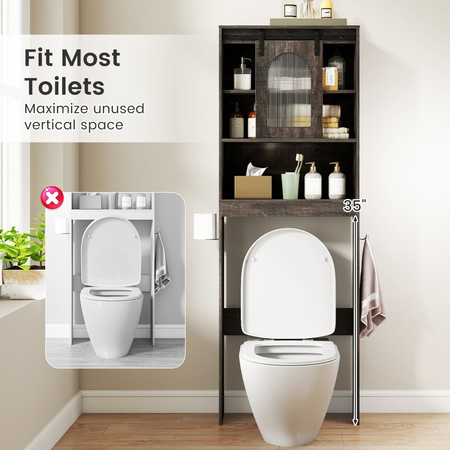 Over Toilet Storage Cabinet With Sliding Barn Door, Open Shelves, Oak Bathroom Etagere at Gallery Canada
