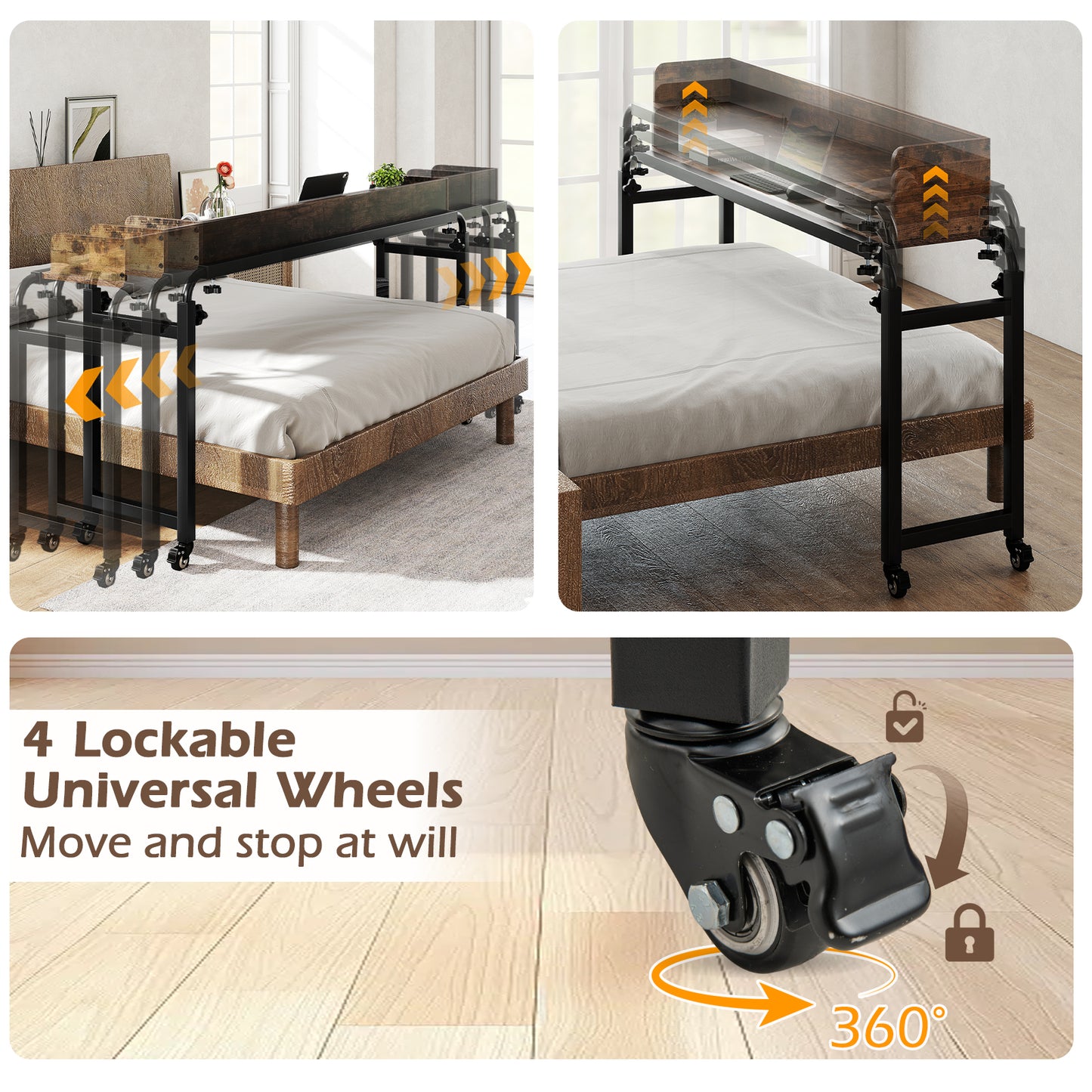 Overbed Desk With Wheels, Queen Size, Adjustable Height, Brown Bedroom at Gallery Canada