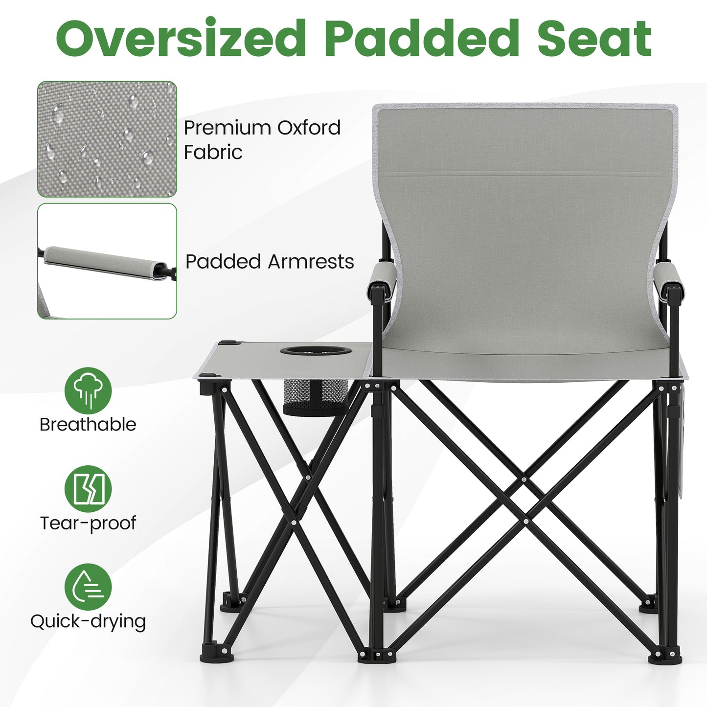 Oversized Camping Chair with Side Table and 2 Storage Pockets, Gray Camping Furniture at Gallery Canada