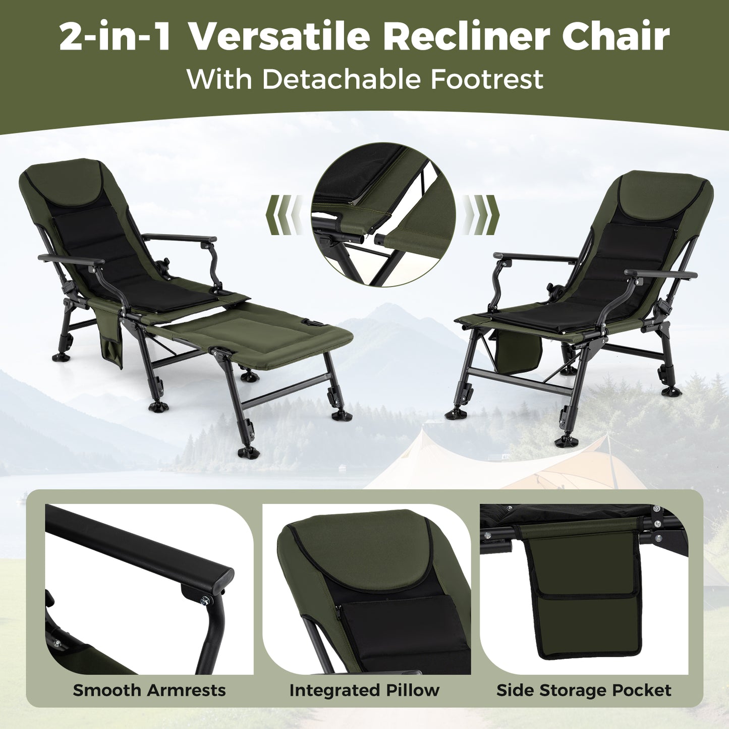 Oversized Foldable Fishing Chair with Detachable Footrest, Green Camping Furniture at Gallery Canada