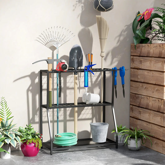 3-Tier Yard Tool Rack, Garden Organizer with Hooks, Black Garden Accessories Black at Gallery Canada