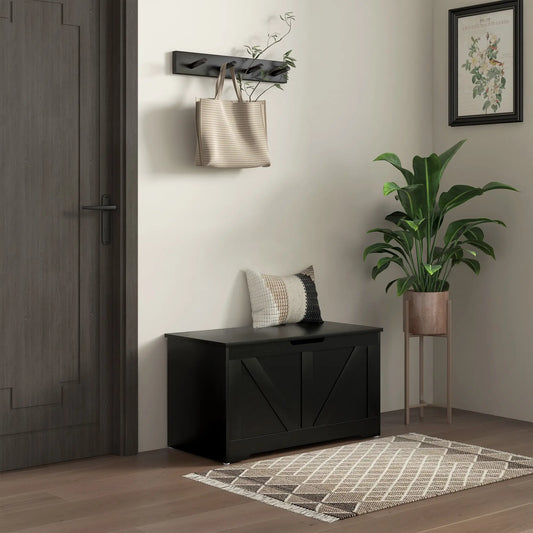 31.5 Inches Storage Chest, Wooden Box with Safety Hinges, Wood Grain, Black Storage Cabinets Black Wood Grain at Gallery Canada