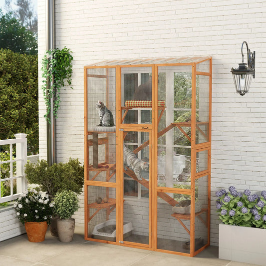Wooden Catio, Outdoor Cat Enclosure, 6 Jumping Platforms, Scratching Post, 2 Ramps, Waterproof Roof Outdoor Cat Enclosures Orange at Gallery Canada