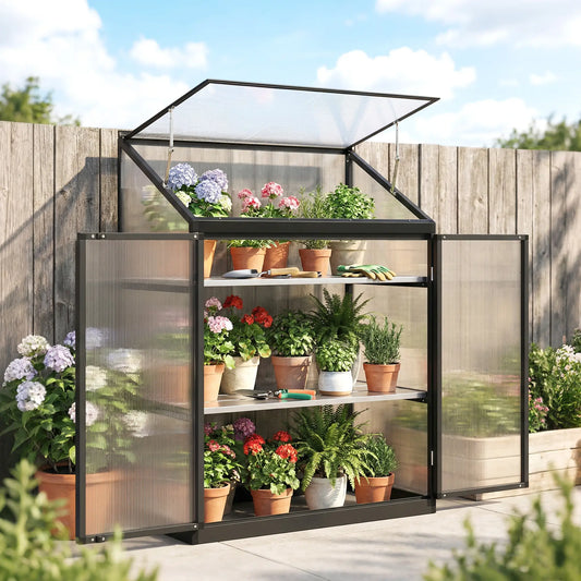 Polycarbonate Greenhouse With 2-Tier Shelves, Black Cold Frame Greenhouses Black, Transparent at Gallery Canada