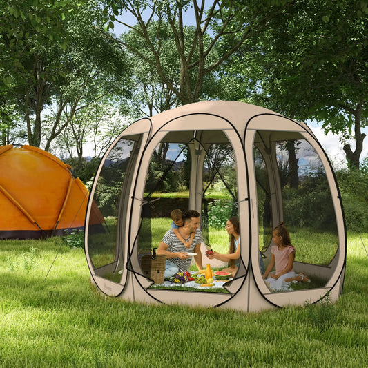 11' x 11.5' Screen Tent, Pop Up Gazebo, Portable Carry Bag, 2 Doors, Beige Camping Tents Beige at Gallery Canada