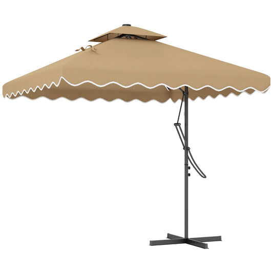 8' x 8' Square Double Top Offset Patio Umbrella Garden Parasol with Solar LED Lights, Ruffles and Weights, Khaki at Gallery Canada