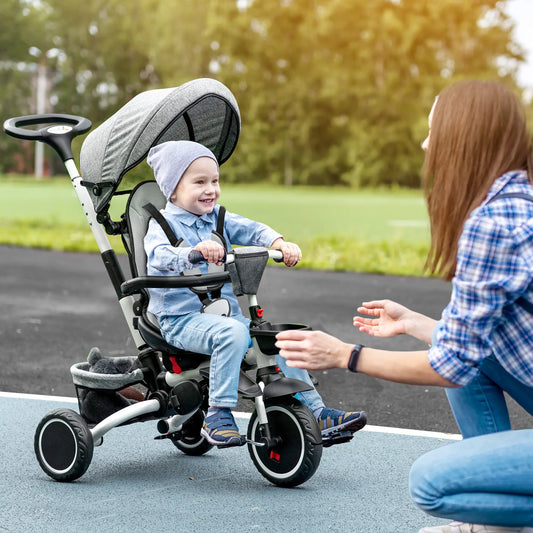 6-in-1 Toddler Tricycle, Adjustable Seat, Push Handle, Grey Tricycles for Kids Grey, White at Gallery Canada