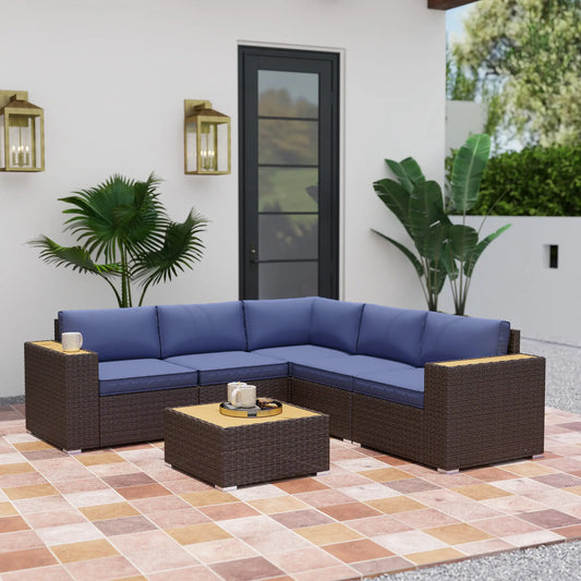 6-Piece Outdoor Rattan Patio Set, Corner Sofa, Wood-Plastic Table, Navy Blue Patio Furniture Sets Brown Rattan, Navy Blue Cushion, Natural Board at Gallery Canada