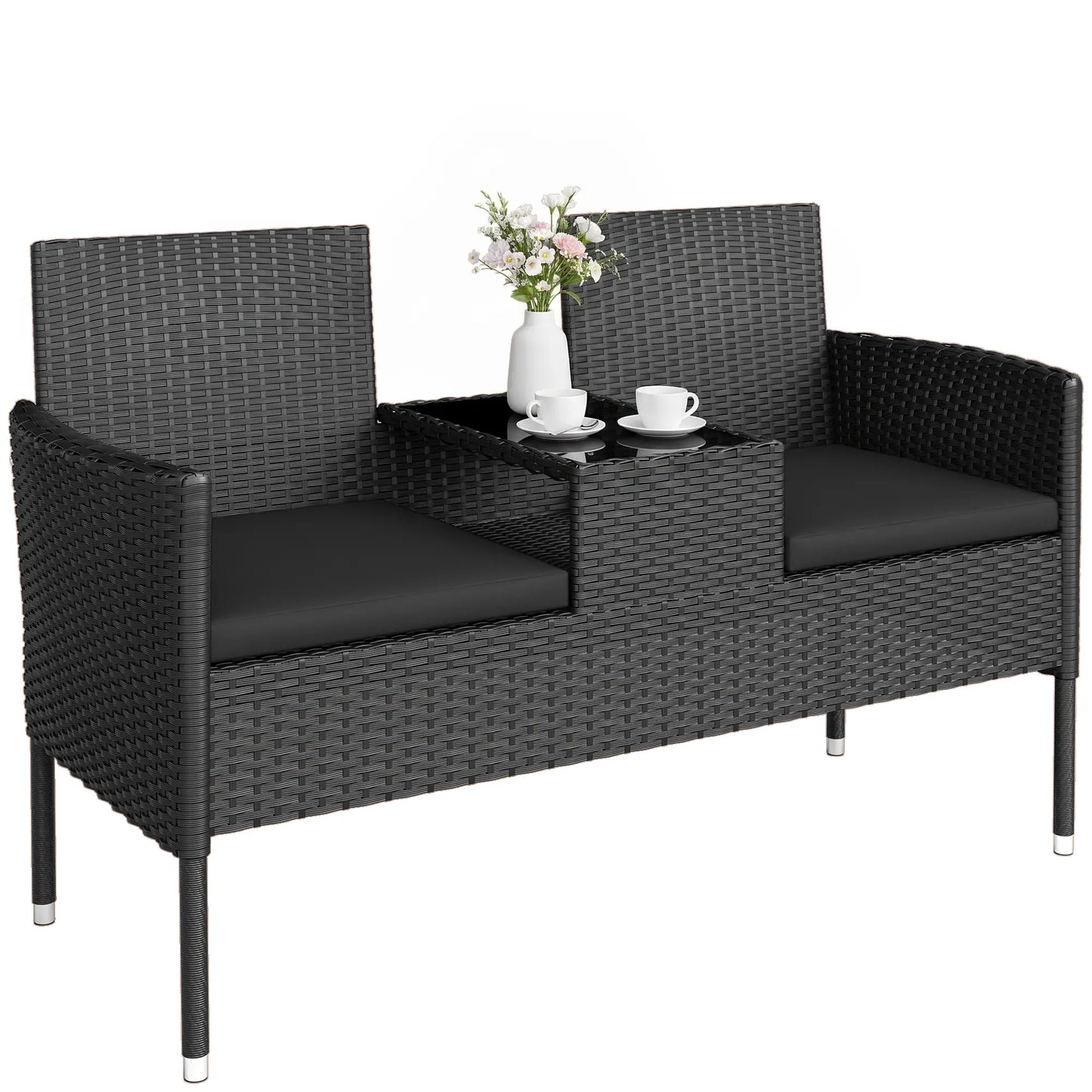 PE Rattan Loveseat with Cushion, Mid-Table, Black Patio Chairs at Gallery Canada