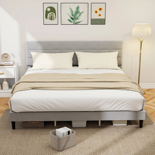 King Size Bed Frame, Upholstered Headboard, Wood Slats, 1100 lbs, Grey Bed Frames Grey at Gallery Canada