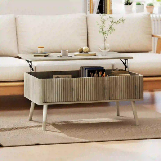 Lift Top Coffee Table with Storage, Hidden Compartments, Pine Wood Legs, Oak
