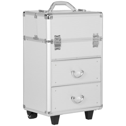 Rolling Makeup Train Case, Large Storage Cosmetic Trolley, Lockable Traveling Cart Trunk with Folding Trays, Swivel Wheels and Keys, Silver - Gallery Canada