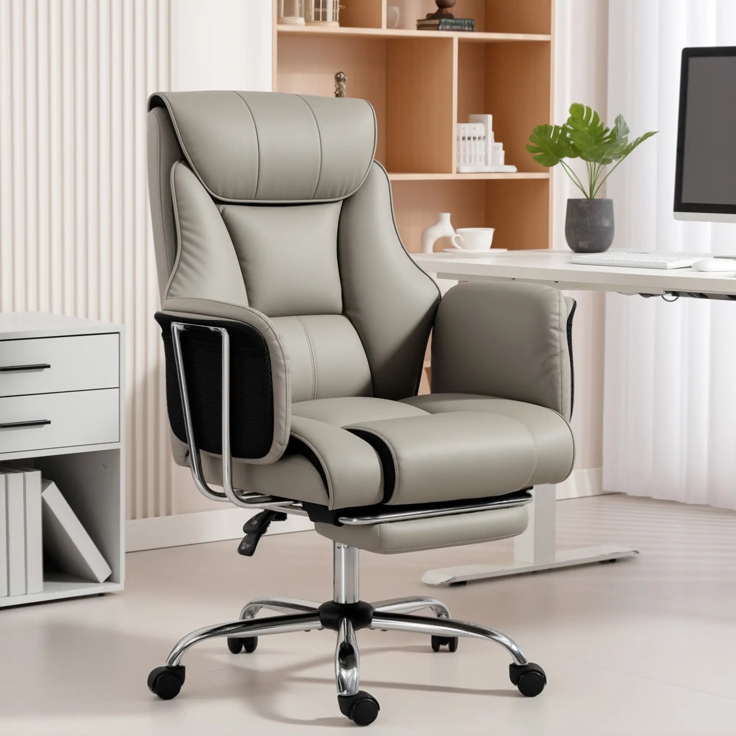 Reclining Office Chair, High Back Executive Desk Chair, PU Leather, Footrest, Swivel Wheels, Grey Executive & Manager Chairs at Gallery Canada