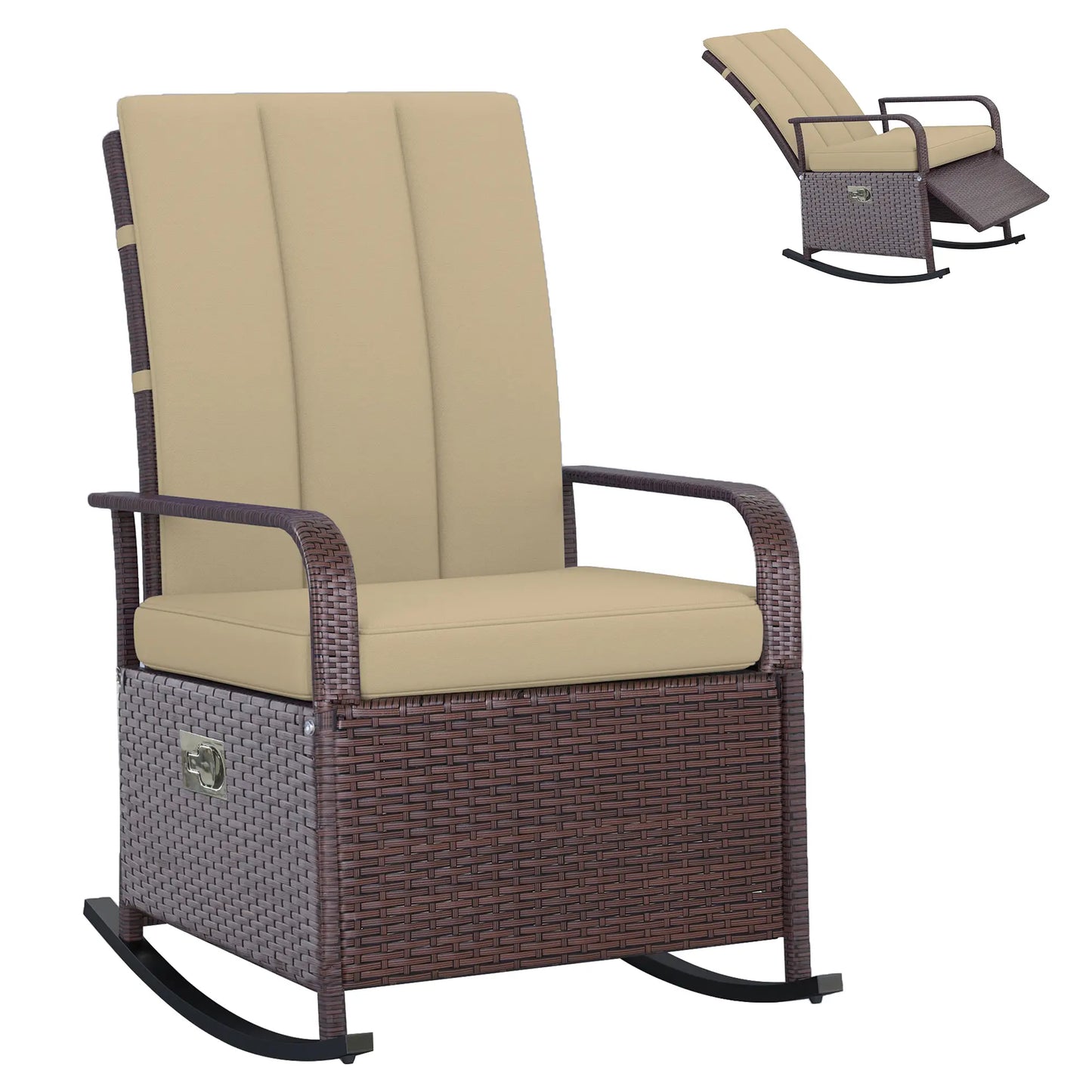 Outdoor Wicker Rocking Chair, PE Rattan Recliner with Cushion, Adjustable Footrest, Khaki Outdoor Rocking Chairs at Gallery Canada