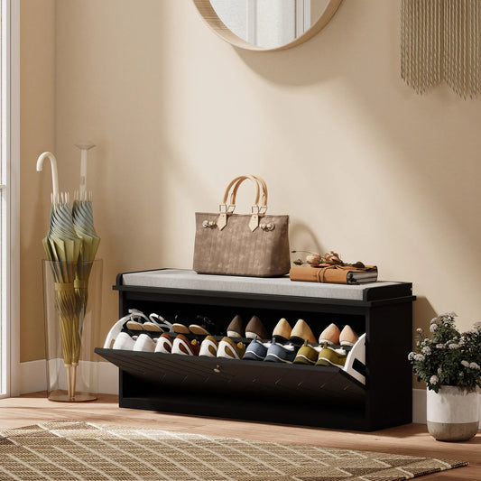 Upholstered Shoe Storage Bench with Flip Drawer, Adjustable Shelf, Fits 10 Pairs Shoe Storage Cabinets & Racks Black at Gallery Canada
