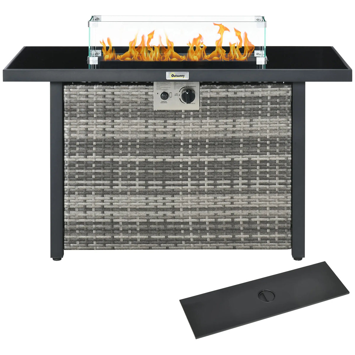 Propane Fire Pit Table 43" 50,000 BTU Wicker, Grey Fire Pits at Gallery Canada
