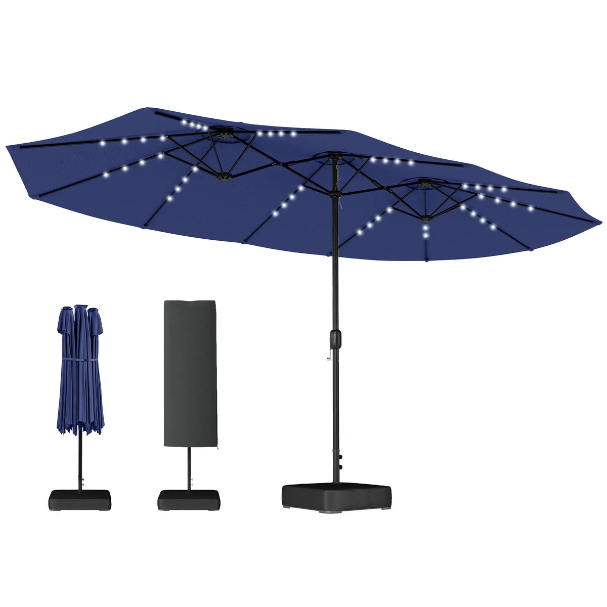 Double-Sided Patio Umbrella, 15ft, 48 LED Lights, Base Included, Dark Blue Double-sided Umbrellas at Gallery Canada