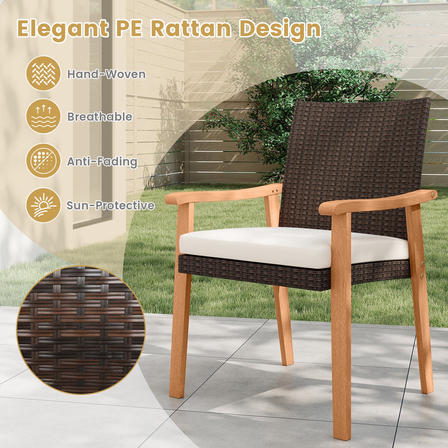 PE Rattan Outdoor Patio Dining Chair Set of 2 with Removable Cushion and Acacia Wood Armrests, White Patio Dining Chairs at Gallery Canada