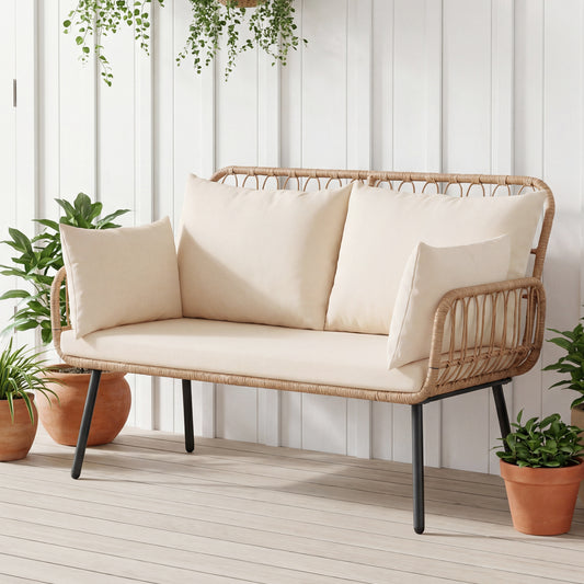 PE Rattan Patio Loveseat 2-Seater Sofa With Pillows, Beige Outdoor Chaise Lounges Beige at Gallery Canada