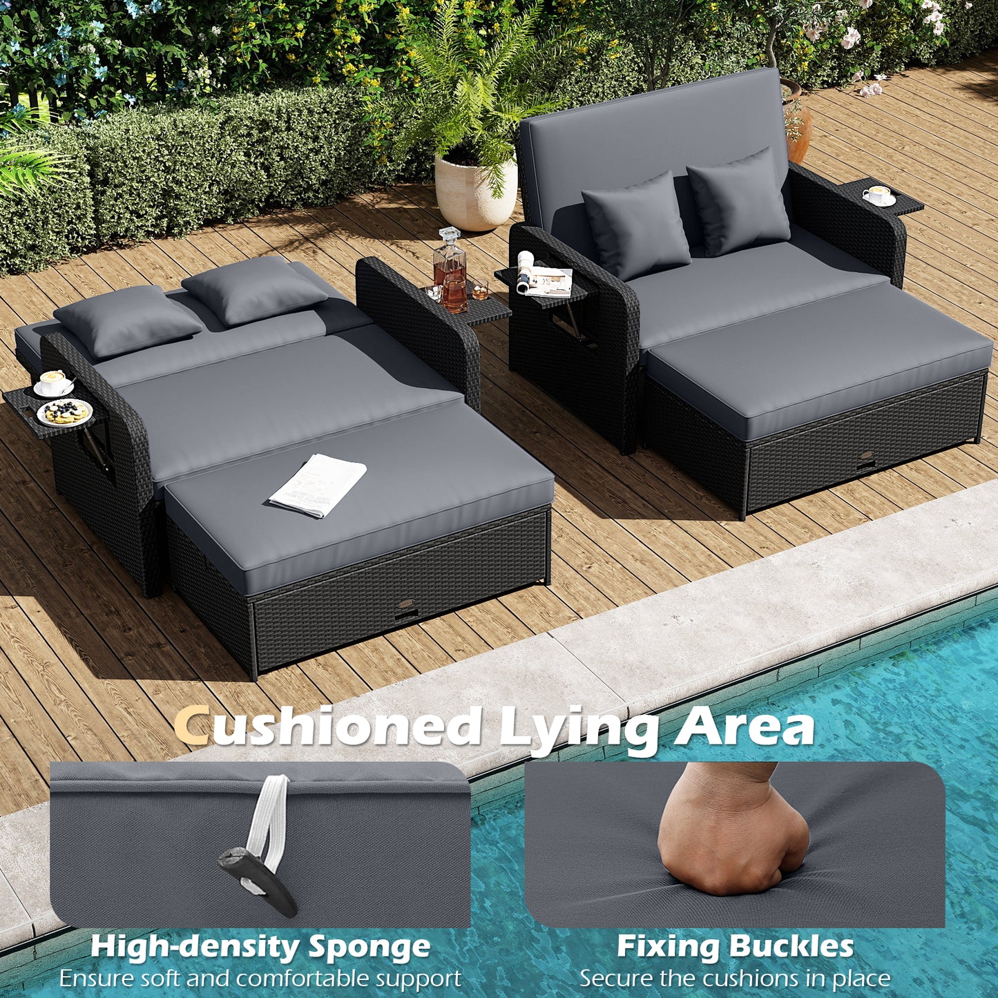 PE Wicker Outdoor Daybed with 4-Level Adjustable Backrest and Storage Ottoman, Gray Outdoor Sectionals at Gallery Canada