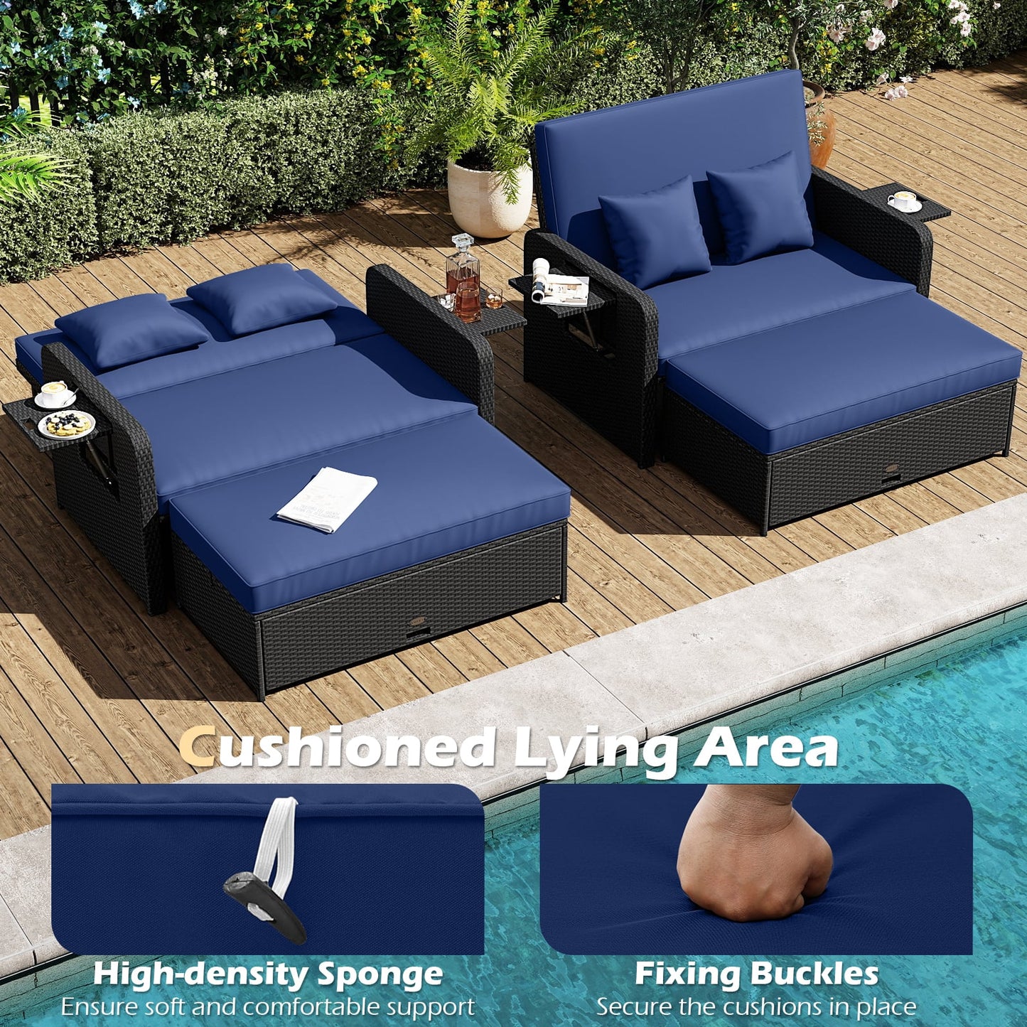 PE Wicker Outdoor Daybed with 4-Level Adjustable Backrest and Storage Ottoman, Navy