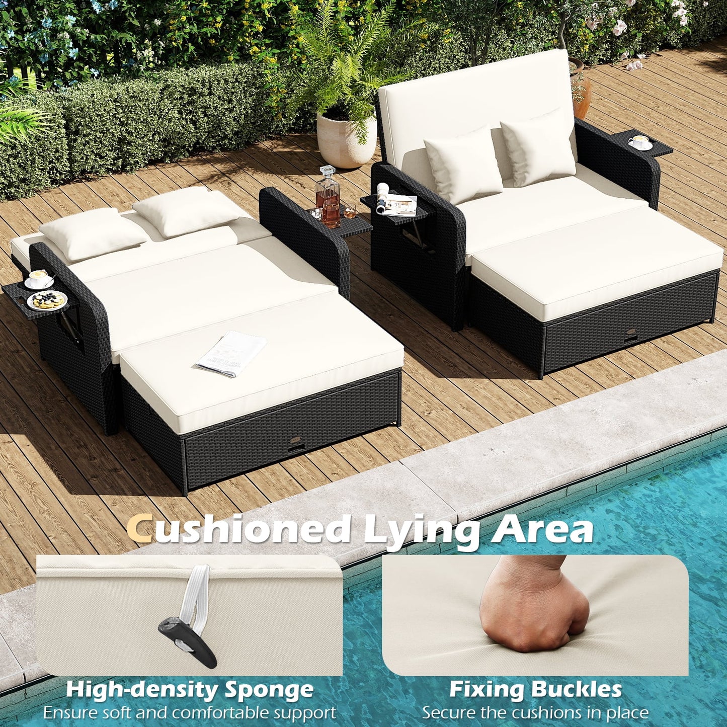 PE Wicker Outdoor Daybed with 4-Level Adjustable Backrest and Storage Ottoman, White