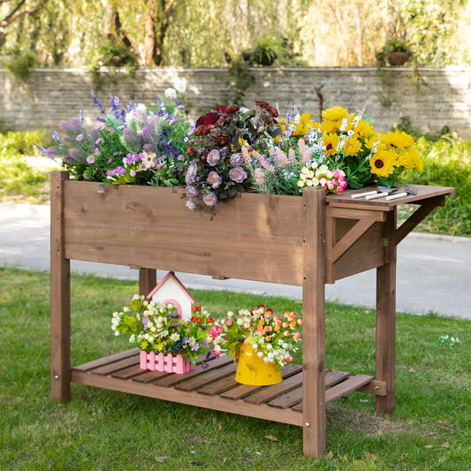Raised Garden Bed, 8 Grids with Storage Shelf, Elevated Planter Box, Brown Elevated Garden Beds Brown at Gallery Canada
