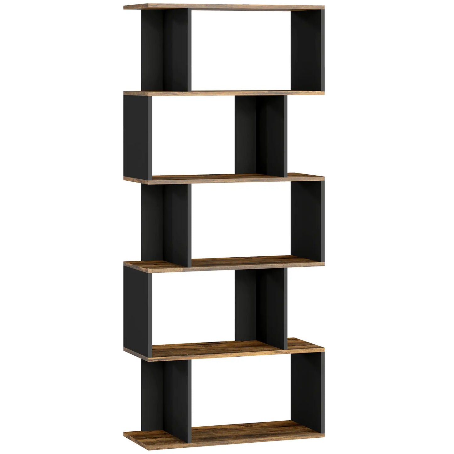 5 Tier Geometric S Shaped Bookcase, Tall Narrow Display Shelf, Rustic Brown Display Bookshelves at Gallery Canada