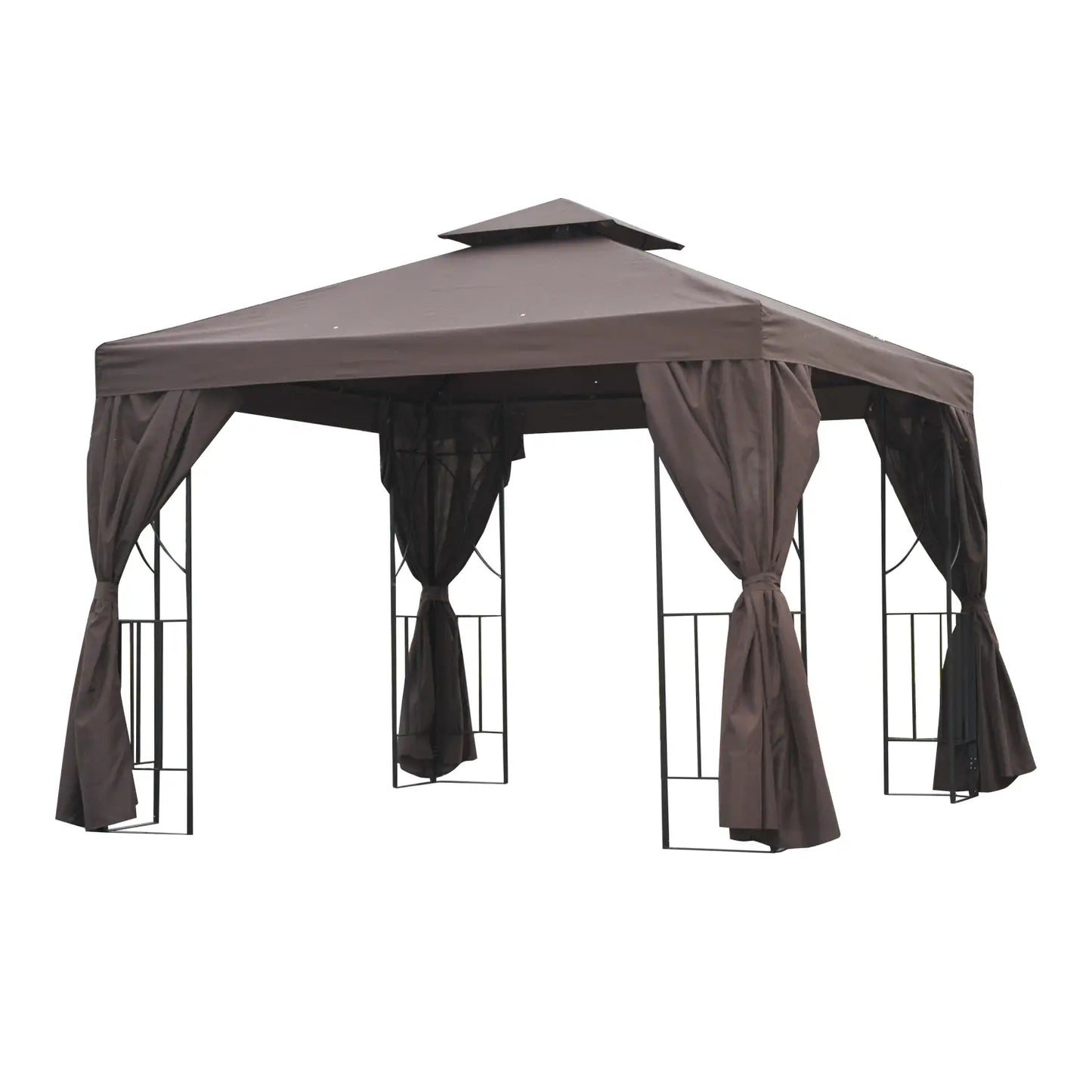 10' x 10' Gazebo extérieur, abri de canopée avec toit à double étage, marron