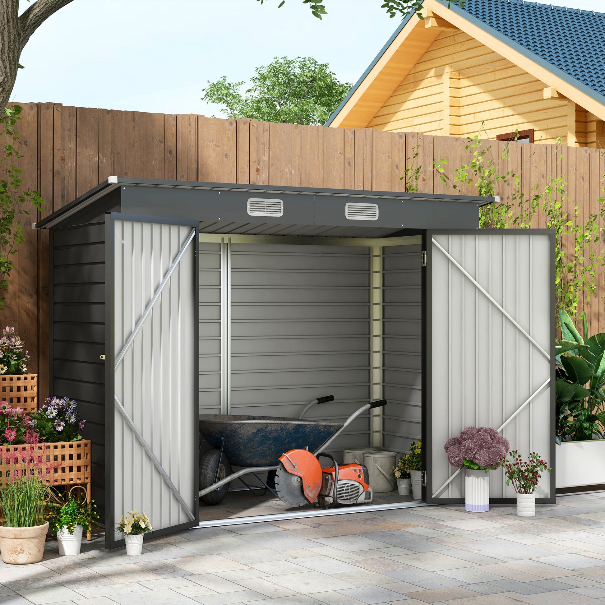 8 x 4FT Galvanized Garden Storage Shed, Metal Outdoor Shed with Double Doors and 2 Vents, Grey at Gallery Canada