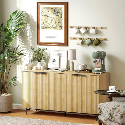 55" Modern Sideboard, Fluted Buffet Cabinet, Adjustable Shelves, 5 Metal Legs, Nature Wood