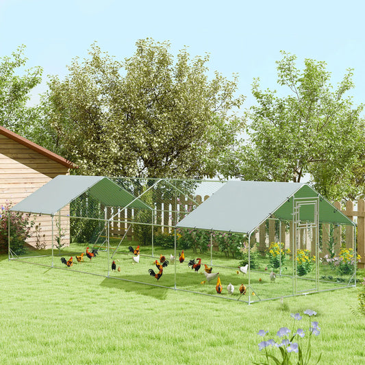Large Metal Chicken Run, Waterproof UV-Resistant Cover, Feeding Door, Hanging Feeder, Perch, 24-30 Chickens Chicken Coops Silver at Gallery Canada