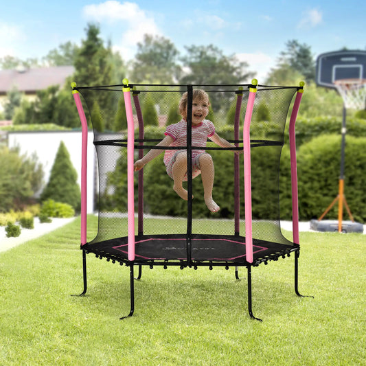 64" Trampoline pour Enfants, Bouncer Intérieur Extérieur, Filet d'Enclos, Rose