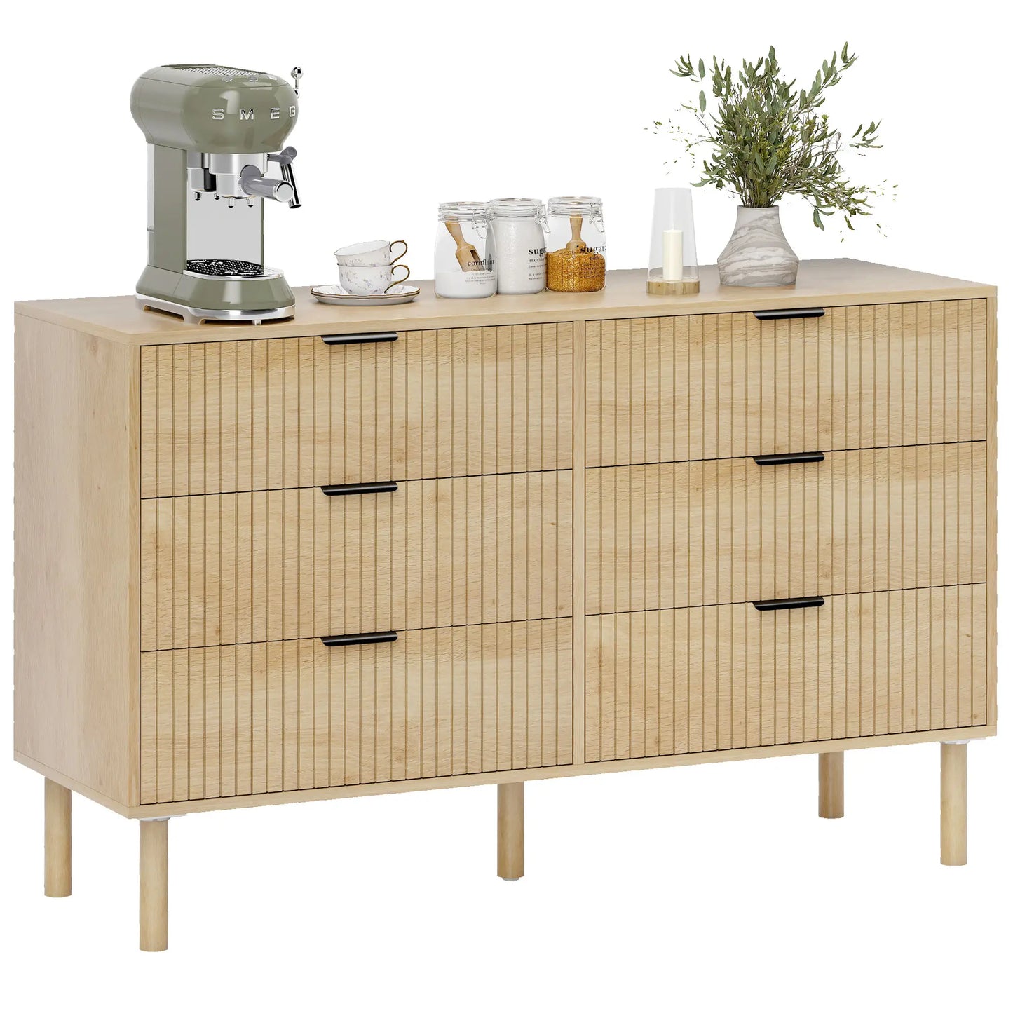 Commode 6 tiroirs, Panneaux cannelés, Pieds en bois massif, Chêne